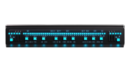 Audio Mixer: A modern audio mixer with a sleek, minimalist design is displayed, glowing with a futuristic neon blue light, representing precision, control, and technological advancement. 