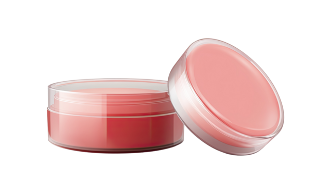 Lip Balm: A close-up studio shot of a lip balm in a small, transparent container, offering a smooth, moisturizing, and subtly colored solution for lip care and beauty enhancement.