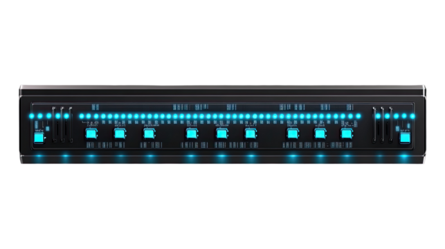 Audio Mixer: A modern audio mixer with a sleek, minimalist design is displayed, glowing with a futuristic neon blue light, representing precision, control, and technological advancement.  - Powered by Adobe