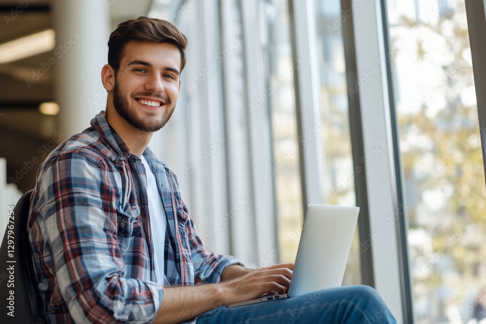 Poster young man is sitting in a window with a laptop in front of him. he is smiling and he is enjoying him