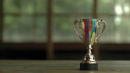 Golden Trophy Cup with Colorful Ribbons on a Wooden Table against a Blurred Window Background
