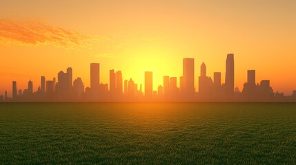 Obraz premium Vibrant metropolis skyline meeting vast verdant field under warm sunset hues creating unique juxtaposition in an urban nature landscape
