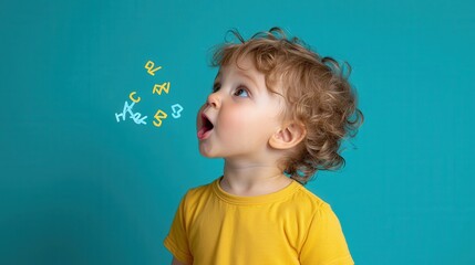 Child looks up, mouth open, letters floating; teal background, studio shoot