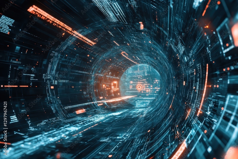 Poster a mesmerizing tunnel of vibrant colors and luminous data flows, inviting viewers into a futuristic r