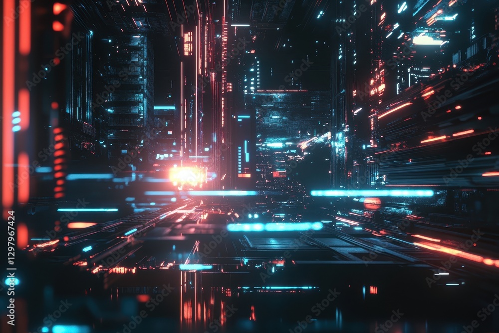 Poster explore a futuristic digital corridor filled with vibrant neon lights and intricate patterns in a vi