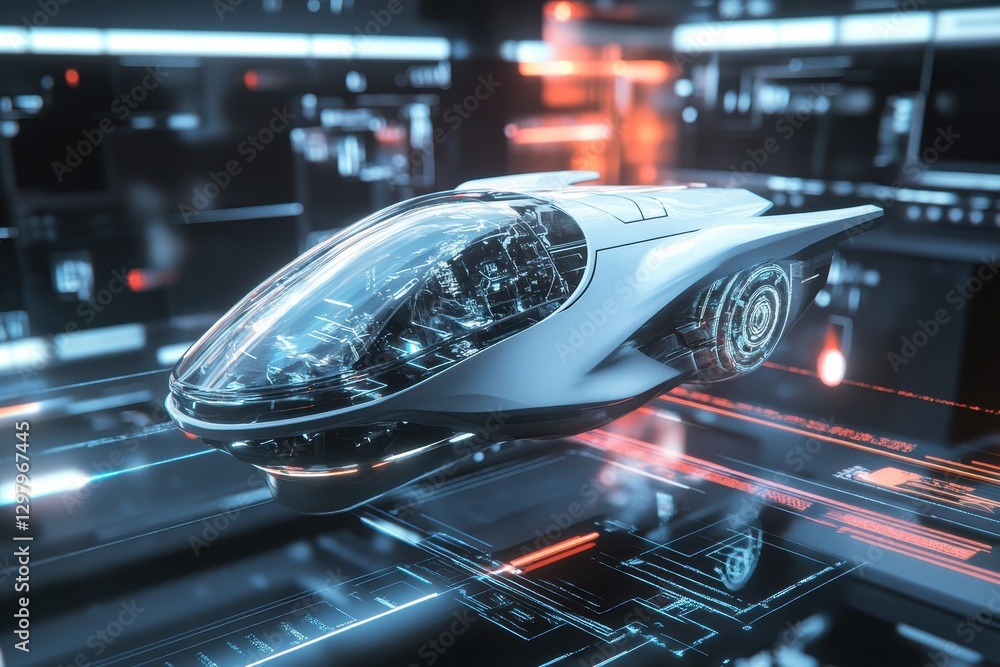 Fototapete futuristic spacecraft navigates through a vibrant digital landscape in a high-tech setting at twilig