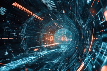 Obraz premium A mesmerizing tunnel of vibrant colors and luminous data flows, inviting viewers into a futuristic realm where technology and creativity collide