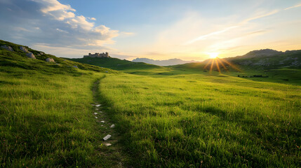 Obraz premium Lush Green Meadow Path Leading Towards Glowing Sunset Horizon Under Cloudy Sky