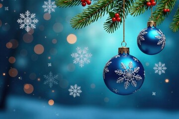 Hanging blue Christmas ornaments with snowflakes and holly, snowflake, blue background, ornament