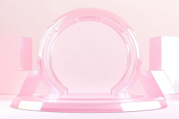 Empty Stage with Pink Glass Arch on Light Background: Abstract Geometric Platform for Product Presentation