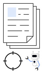 Robot examining documents with radar target indication. Ideal for automation, data analysis, AI technology, robotics, productivity, research, and innovation themes. Line metaphor
