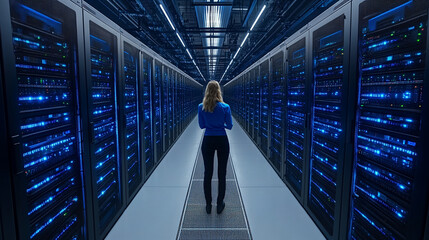 Woman with open back standing in front row of servers in data center symbolizing network security modern technology vulnerability and digital protection