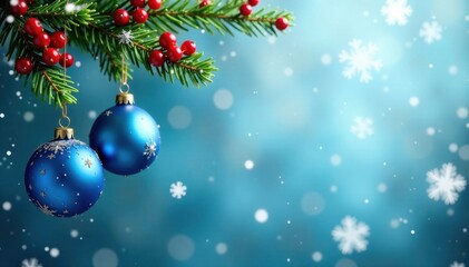 Hanging blue ornaments with red berries, greenery and snowflakes , blue background, ornament elements, seasonal decor