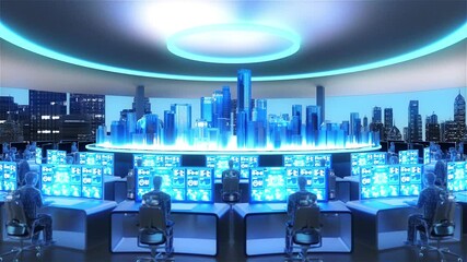 High-tech big data center, future digital technology city, intelligent traffic command and dispatch center, holographic technology city office building.