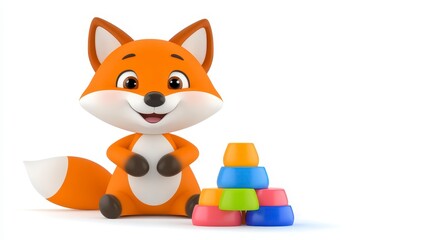 Obraz premium Cute cartoon fox character playing with colorful building blocks