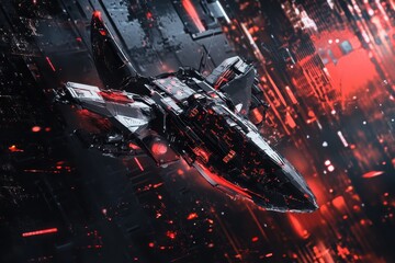Naklejka premium Futuristic starship gliding through a neon-lit techno cityscape at dusk. Generative AI