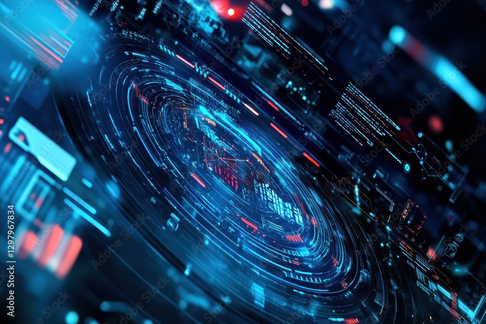 Poster Digital interface displaying complex data patterns and vibrant colors in a futuristic environment at night. Generative AI