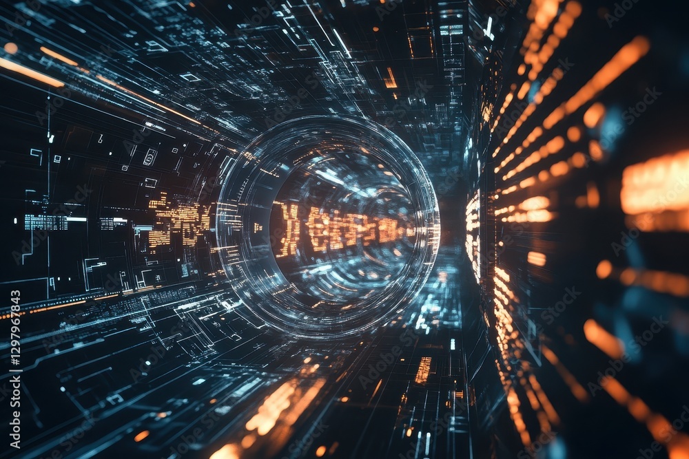 Poster dynamic digital tunnel showcasing vibrant lights and intricate data patterns in a futuristic landsca