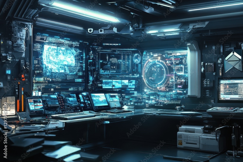 Poster futuristic command center filled with high-tech interfaces and glowing displays at the heart of a bu