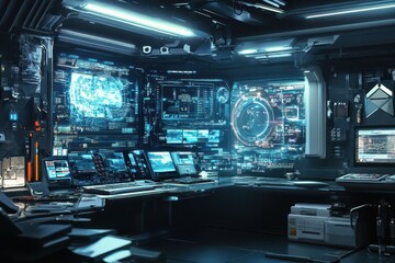 Futuristic command center filled with high-tech interfaces and glowing displays at the heart of a bustling space station. Generative AI