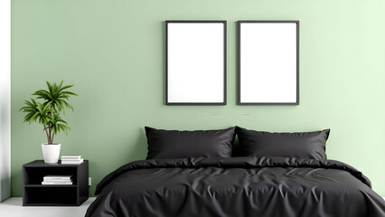Minimalist Interior Poster Mockup Featuring a bed Room with a House Background