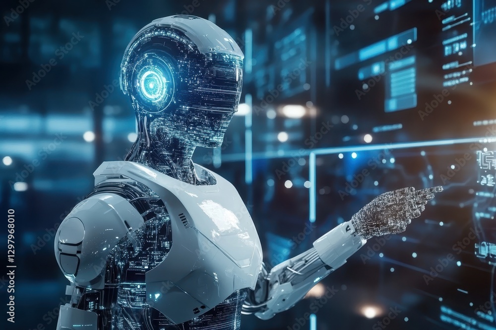 Poster futuristic robot interacting with digital interface in a high-tech environment at dusk. generative a