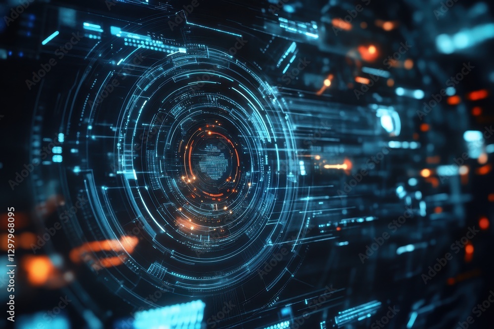 Poster futuristic digital circuit design showcasing vibrant blue and orange elements in a complex technolog