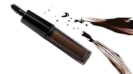 Brow Gel Cascade: A close-up studio shot featuring a sleek, dark-colored brow gel applicator with a stylish, dripping cascade of product creating a visually appealing composition