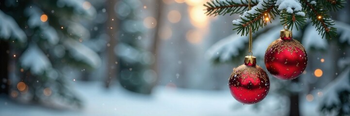Hanging ornaments and garlands made of gold-dipped glass and metal in a snow-covered forest setting, garland, ornaments, forest