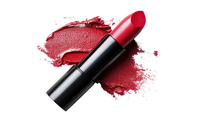 Vibrant Red Lipstick and Swatch: A tube of bright red lipstick sits alongside a bold lipstick swatch, offering a glimpse into the texture and color payoff of this classic cosmetic