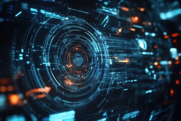 Obraz premium Futuristic digital circuit design showcasing vibrant blue and orange elements in a complex technological environment. Generative AI