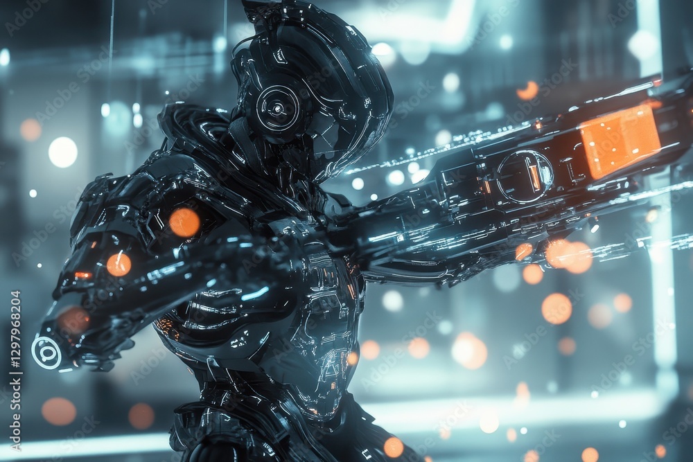 Poster futuristic cyborg stands in a neon-lit environment, showcasing advanced technology and a sleek desig