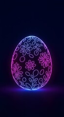 Fototapeta premium Neon Easter egg with floral pattern glowing in purple and blue on dark background. Digital art for spring holiday celebration. Festive illuminated decoration.