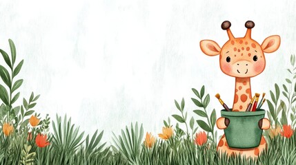 Cute Giraffe Character with Art Supplies Surrounded by Grass and Flowers