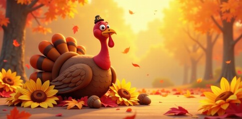 Happy Thanksgiving scene with a smiling cartoon turkey sitting on a pile of colorful autumn leaves amidst golden sunflowers and acorns, autumn leaves, happy holiday, warm atmosphere