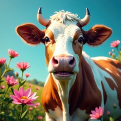 happy cow with a painted smile and colorful flowers around it, cartoon style, cheerful, vibrant flowers