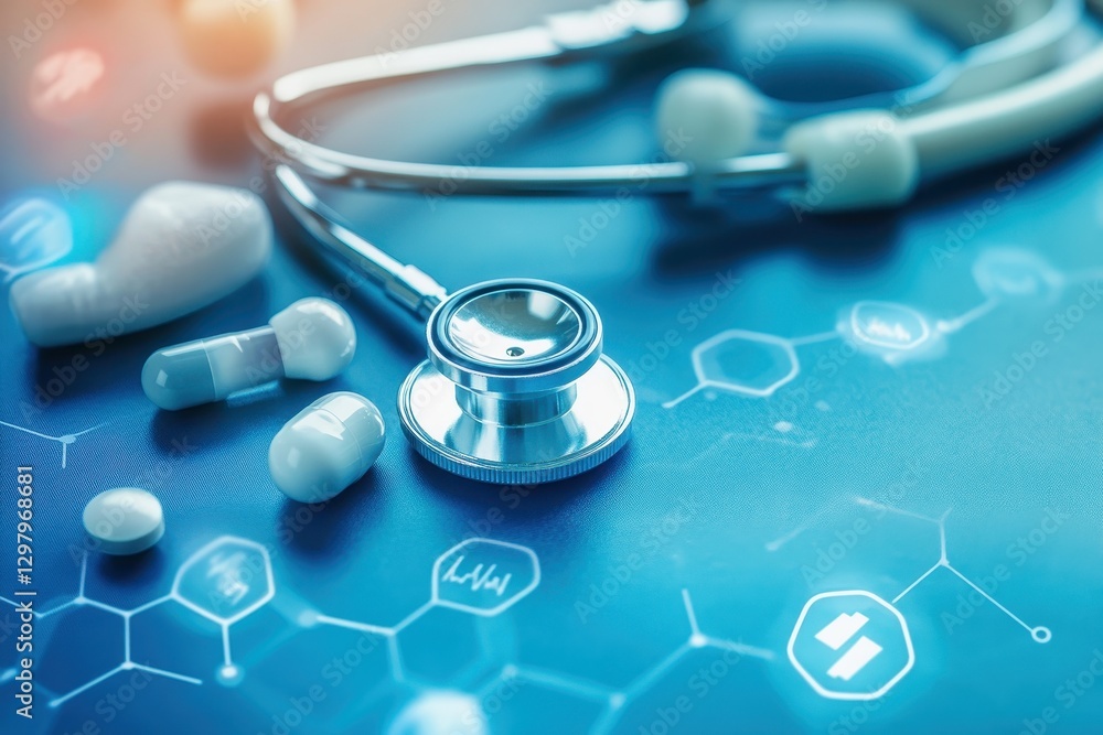 Aufkleber exploring the intersection of healthcare and technology through stethoscope and medication in a clin