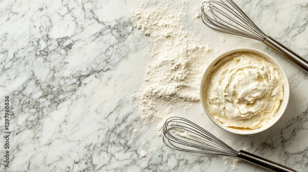 Poster baking preparation with whipped cream and flour on a marble countertop during daylight hours. genera