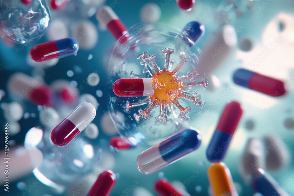 Poster colorful capsules and a shimmering virus collide in a dynamic world of science and health discovery.
