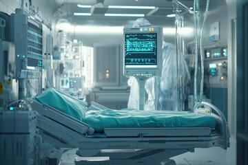 Modern medical technology illuminates a hospital room filled with advanced equipment and an empty patient bed awaiting care. Generative AI