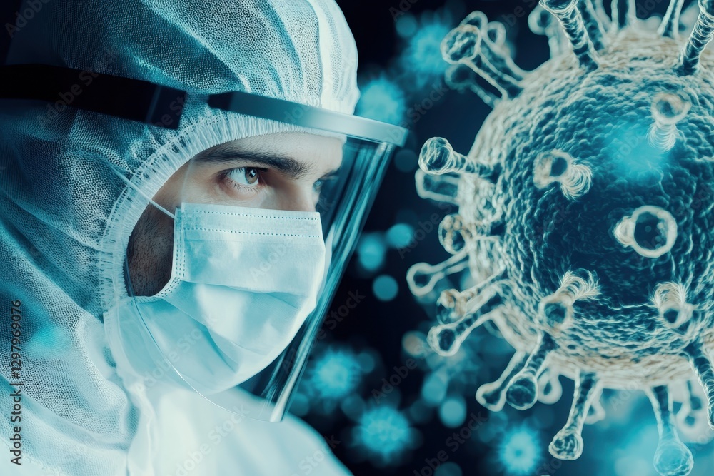 Poster innovative scientist examines virus structure in a high-tech lab setting to advance pandemic researc