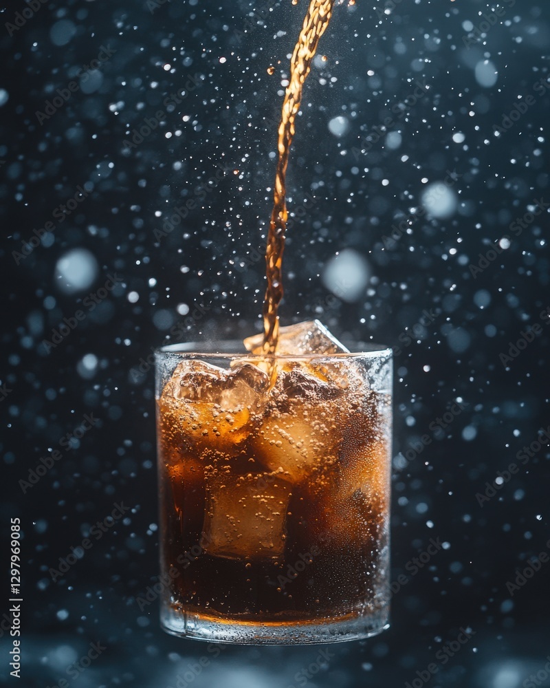 Poster refreshing cola pouring into a glass filled with ice cubes, creating a fizzy and dynamic splash agai