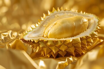 Macro Close-up of Peeled Durian Seed Resting in Golden Shell