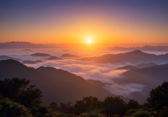 Obraz premium Mountain Peaks Rising Above Morning Fog at Sunrise Nature Landscape