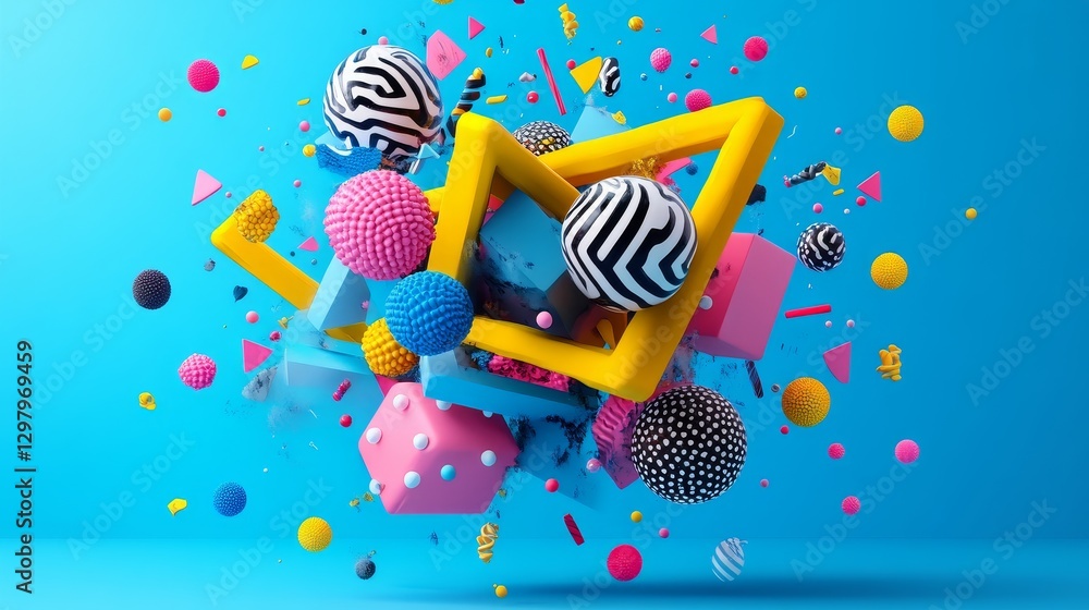 Poster vibrant geometric composition playful and dynamic 3d render abstract art design with cheerful colors