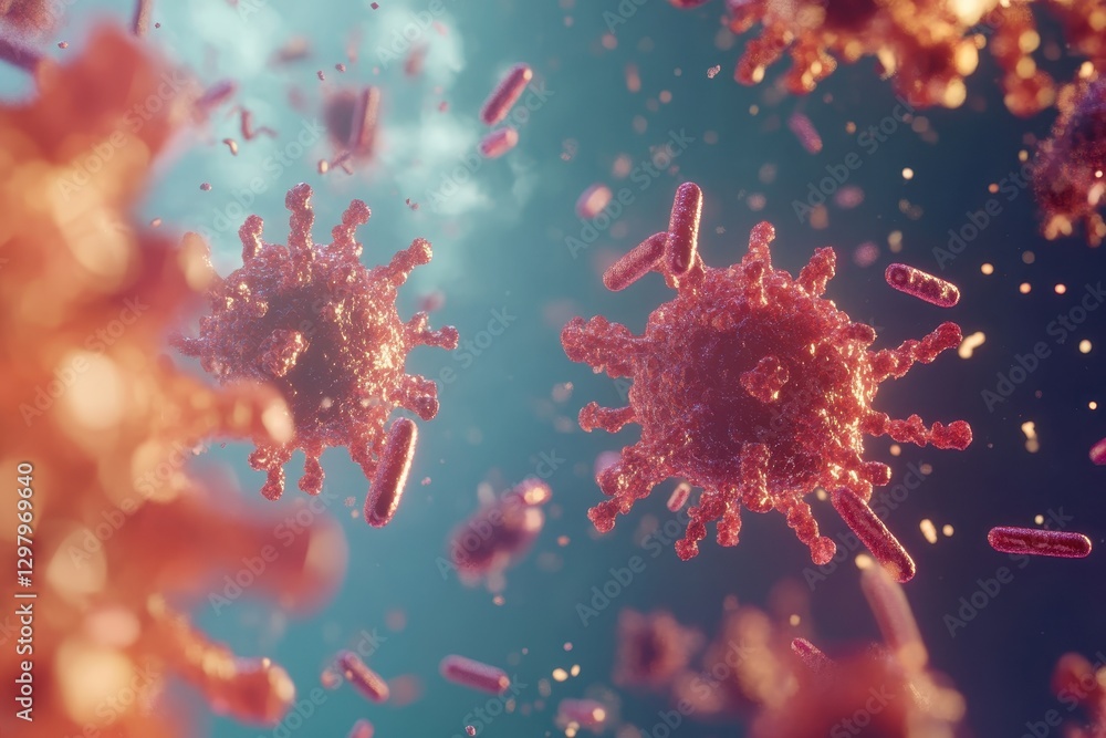 Poster exploring the intricate world of viruses with dazzling colors and detailed structures under a scient