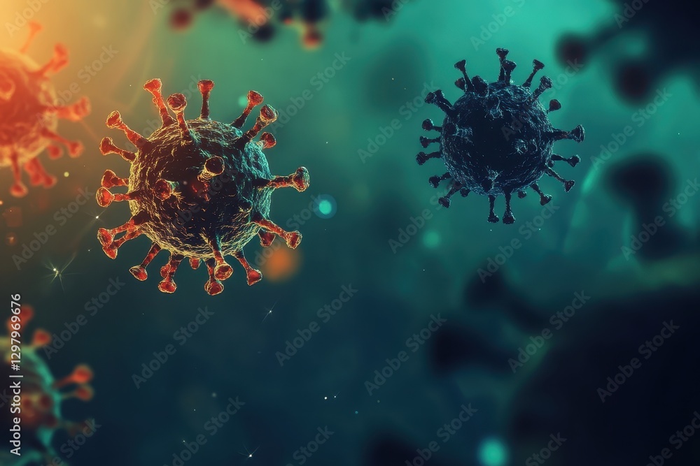 Poster fascinating underworld of viruses shown in vibrant colors with intricate details of structures under