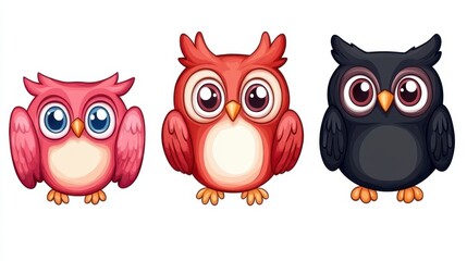 Fototapeta premium Cute Cartoon Owls in Different Colors on White Background