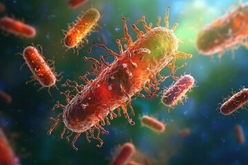 Exploring the vibrant world of bacteria illuminated by stunning colors in a microcosmic landscape. Generative AI