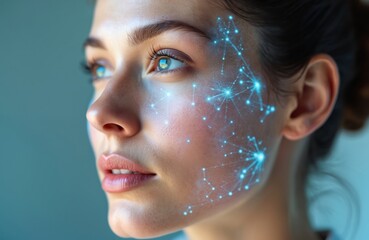 Close-up of woman with skin analysis diagnostic procedure. Hologram display on face shows hydration level measurement for personalized beauty treatment in cosmetology clinic. High-tech skincare